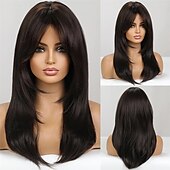 economico Parrucche trendy sintetiche-evidenzia parrucca bionda marrone con frangia parrucche diritte naturali di media lunghezza per donne parrucche sintetiche in fibra resistente al calore per cosplay quotidiano