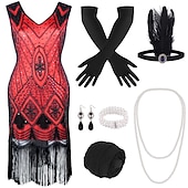 preiswerte 1920er Kleider-Goldene Zwanziger 1920er Knielang Flapper Kleid Outfits Zubehörset Ärmellos Der große Gatsby Hochzeitsgast Pailletten Quastenfransen Pailletten Quaste V Ausschnitt Kostüm Damen Karneval Maskerade