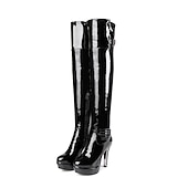 cheap Platform Boots-Women&#039;s Sexy Black Patent Faux Leather Over-the-Knee Boots with Stiletto Heel, High Platform Thigh-High Sexy Heels for Night Out