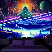 preiswerte Blacklight -Wandteppiche-Schwarzlicht-Wandteppich, UV-reaktiv, leuchtet im Dunkeln, Glow Party, Neon, trippige, neblige Pyramide, Ägypten, Wandteppich, Wandbild für Wohnzimmer, Schlafzimmer