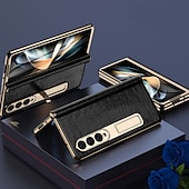 cheap Samsung Cases-Leather Phone Case for Samsung Galaxy Z Fold 5 4 3 Fold4 Fold5 Gold Plating Magnetic Hinge Stand Back Cover with Mirror Film