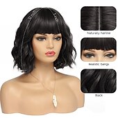 abordables perruque plus âgée-Perruque courte noire avec frange, cheveux naturels synthétiques pour femmes, longueur d&#039;épaule ondulée, vague d&#039;eau (12 pouces)