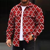 preiswerte Hemdjacke für Herren-Herren Geometrie Hemd Hemdjacke Overshirt Langarm Brautkleider schlicht Outdoor Strasse Casual Herbst Winter Umlegekragen Knopf Tasche Bedruckt Schwarz Rote Blau Purpur