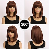 baratos peruca mais velha-peruca bob marrom com franja, curta reta com cabelo loiro com mechas micro cachos, peruca sintética na altura dos ombros, peruca sintética resistente ao calor para mulheres meninas uso diário de 16