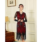 cheap Outfits-Retro Vintage Roaring 20s 1920s Flapper Dress Outfits Accessories Set The Great Gatsby Wedding Guest Sequins Tassel Fringe Sequin Tassel V Neck Women&#039;s Halloween Carnival Masquerade Carnival Party