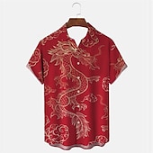 cheap Animal Print-New Year Men&#039;s Dragon Shirt Button Up Shirt Short Sleeve Casual Daily Wear Going out Weekend Autumn / Fall Turndown Print Button-Down Yellow Red Burgundy