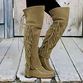 cheap Cowboy &amp; Western Boots-Women&#039;s Moccasin Suede Fringe Knee-High Boots - Vintage Boho Style, Embroidered Details, Comfortable Sole, Perfect for Festival Wear and Casual Outfits
