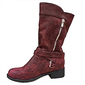 preiswerte Vintage Stiefel-Rote Vintage-Kunstlederstiefel für Damen – stilvolles kniehohes Design mit doppelten Schnallenriemen, seitlichem Reißverschluss und bequemer Sohle – perfekt für Herbstmode und Freizeitausflüge