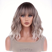 abordables Perruques Synthétiques Sans Bonnet-Perruques synthétiques ondulées longueur épaule avec frange pour femmes, à la mode pour un usage quotidien, cosplay de fête