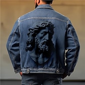billige grafiske jakker og kåper for menn-Herre Skulptur Frakk Jean jakke Denimjakker Pustende Bekvem Fritid Sport &amp; Utendørs Ut på byen Helg Knapper Trykt mønster Høst vinter Aftæpning Langermet Svart Blå