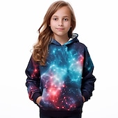 billiga Flickans 3D Vision &amp; Skinande-Flickor 3D Galax Huvtröja Pullover Långärmad 3D-tryck Höst Vinter Aktiv Mode söt stil Barn 3-12 år Utomhus Ledigt Dagligen Normal