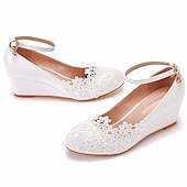 cheap Casual-Women&#039;s White Lace Wedge Wedding Shoes – Elegant Floral Embroidery with Ankle Strap for Brides and Special Occasions