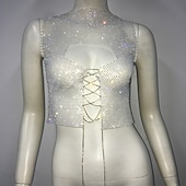 cheap Sexy Costumes-Metallic Sparkle Sexy Crop Tank Top Sheer Mesh Rhinestone Cover Up Disco Solid Color Deep V Women&#039;s Carnival Party Club Adults&#039; Tank Top