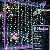 abordables Guirlandes solaires-Guirlande lumineuse de rideau solaire extérieur, 3 * 3 m-300 LED/3 * 2 m-200 LED/3 * 1 m-100 LED, 8 modes d&#039;éclairage, étanche IP65, convient pour le jardin, le porche, les fêtes de mariage dans le jardin, Noël de Thanksgiving.