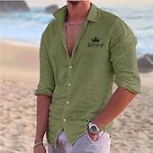 baratos Férias-Homens Camisa Social camisa de linho camisa de praia Tiaras e Coroas Ao ar livre Férias Preto Branco Rosa Azul Manga Longa Lapela Primavera &amp; Outono Roupa Imprimir