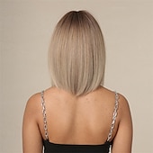 baratos Perucas Sintéticas sem Touca-Prreey bob peruca de cabelo humano feminino peruca loira curta reta 14 polegadas com aba ajustável chá marrom cor natural peruca bob com franja para diariamente (marrom claro)