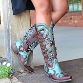 levne Cowboy &amp; Western Boots-dámské tyrkysové a hnědé westernové kovbojské boty z umělé kůže se zdobením a cvočkovými detaily - vysoké boty ke kolenům pro rodeo a festivalové nošení