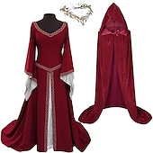 baratos Conjuntos-conjuntos com vestido irlandês glamour noiva elfo coroa capa com capuz 3 peças feminino medieval steampunk renascentista retrô vintage roupas viking fantasias de cosplay larp