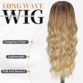 economico Parrucche trendy sintetiche-Parrucca bionda per donna parrucca bionda lunga ondulata in pizzo, parrucca bionda sintetica con parte centrale, parrucche bionde ombre per la festa quotidiana