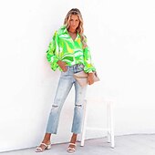 cheap Women&#039;s Graphic Tops-Women&#039;s Shirt Blouse Fashion Buttons Print Long Sleeve Regular Tops Shirt Collar Casual Blue Purple Green Gray Spring &amp;  Fall