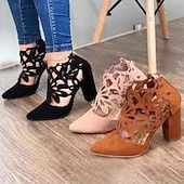 cheap Ankle Boots-Women&#039;s Black Cutout Block Heel Pumps – Stylish Pointed Toe Shoes with Floral Design for Parties or Evening Wear