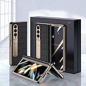 cheap Samsung Cases-Leather Phone Case for Samsung Galaxy Z Fold 5 4 3 Fold4 Fold5 Gold Plating Magnetic Hinge Stand Back Cover with Mirror Film