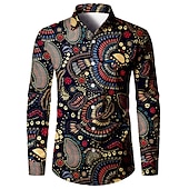 preiswerte Ethnisches Muster-Herren Hemd Knopfhemd Langarm Brautkleider schlicht Boho Freizeitskleidung Ausgehen Herbst Winter Umlegekragen Bedruckt Button-Down Schwarz Dunkelmarine Beige