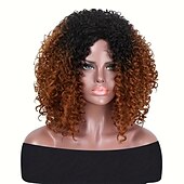 economico Parrucche di altissima qualità-Parrucche di capelli ricci afro crespi da 14 pollici per le donne parrucche ricci crespi per le donne ombre marroni con parrucche sintetiche con radici scure
