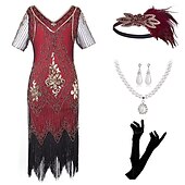cheap Outfits-Retro Vintage Roaring 20s 1920s Flapper Dress Outfits Accessories Set The Great Gatsby Wedding Guest Sequins Tassel Fringe Sequin Tassel V Neck Women&#039;s Halloween Carnival Masquerade Carnival Party