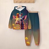billiga Flickans 3D-djur-Flickor 3D Giraff Huvtröja &amp; träningsbyxor Set Långärmad 3d-utskrivning Höst Vinter Aktiv Mode söt stil Barn 3-12 år Blixtlås Huva Utomhus Gata Normal