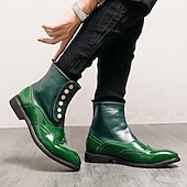 cheap Dress Boots-Men&#039;s Vintage Green Leather Button Boots - Stylish Wingtip Brogue Ankle Boots with Patent Leather Finish