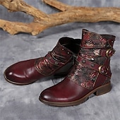voordelige Enkel laarzen-Vintage leren enkellaarsjes met bloemenreliëf voor dames – stijlvol bordeauxrood gespbandontwerp voor casual herfst- en winterkleding