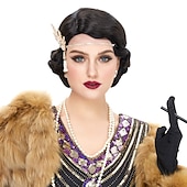 preiswerte Historische Perücken-Rauschende 20er Jahre Perücke Welle 1920er Jahre Perücke kurz lockig schickes Kostüm für Frauen Cosplay Party 70er Halloween Perücken