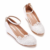cheap Casual-Women&#039;s White Lace Wedge Wedding Shoes – Elegant Floral Embroidery with Ankle Strap for Brides and Special Occasions