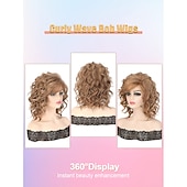 economico Parrucche da festa-Parrucche bob corte ricce ondulate da 14 pollici per le donne parrucche ondulate bionde ombre con parrucca sintetica per capelli con frangia laterale