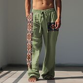 Men's Tribal Argyle Linen Pants Pants Trousers Baggy Pants Mid Waist Vintage Outdoor Daily Wear Streetwear Fall & Winter Green Khaki Gray 7