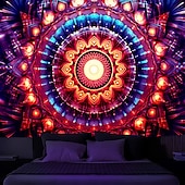 abordables Tapices de luz negra-Tapiz de meditación bohemia con luz negra, reactivo a los rayos UV, que brilla en la oscuridad, tapiz colgante psicodélico, arte mural para pared para sala de estar y dormitorio
