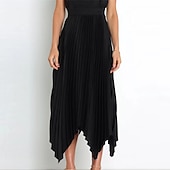 preiswerte Schlichte Röcke-Damen Rock Schaukel Langer Rock Elegant Modisch Maxi Hoher Taillenbund Röcke Einfarbig Gefaltet Asymmetrischer Saum Party Strasse Schwarz Weiß Wein Dunkelgrün Frühling Sommer Satin
