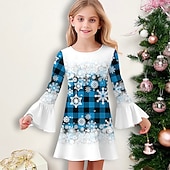  Meisjes 3D Ruitjes Sneeuwvlok  Sneeuwvlokjurk Jurk met ruches Lange mouw 3D-afdrukken Herfst Winter Vakantie Sport & Outdoor Dagelijks leuke Style Casual Mooi Kinderen 3-12 jaar Casual jurk A lijn