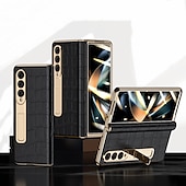cheap Samsung Cases-Leather Phone Case for Samsung Galaxy Z Fold 5 4 3 Fold4 Fold5 Gold Plating Magnetic Hinge Stand Back Cover with Mirror Film