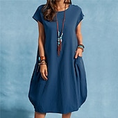 abordables concevoir des robes en coton et lin-Femmes Noir Blanche bleu marine Été Printemps Robe Midi Robes inspirées du lin Robe Décontractée Robe fourreau Classique Occasionnel Extérieur Vacances Quotidien Coupe régulière Couleur Unie Col ras