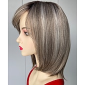 economico parrucca più vecchia-Parrucche corte grigie sfumate per donna Parrucca caschetto grigia lunga fino al mento a strati Parrucca di capelli lisci di media lunghezza Parrucca sintetica dall&#039;aspetto naturale