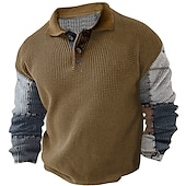 billige Color Block Polo for menn-Herre Ruter Golf skjorte Langermet Poloskjorter Skjorter med krage Årgang Fritid Ferieklær Formell klær Festivalklær Knapper 3D-utskrift Høst vinter Mørk Marineblå Blå Brun