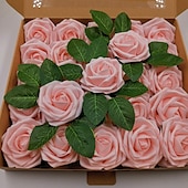 economico Piante e Fiori Artificiali-Confezione regalo 25/50 pz/set 8 cm rosa artificiale con foglie 25 50 scatole di decorazioni floreali per la casa decorazione di nozze