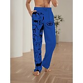 baratos Lar-Homens splicing Calças de linho Calça verão Calças de praia Cintura Média Vintage Estilo Clássico Casual Diário Feriado Com Cordão Cintura elástica Impressão 3D Primavera Verão Impressão 3D Azul