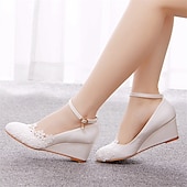 cheap Casual-Women&#039;s White Lace Wedge Wedding Shoes – Elegant Floral Embroidery with Ankle Strap for Brides and Special Occasions