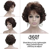 abordables perruque plus âgée-Perruque ondulée courte bouclée marron foncé avec frange de cheveux 100 % importée de qualité supérieure - Perruques de cheveux marron synthétiques pour femme (marron)