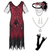 cheap Outfits-Retro Vintage Roaring 20s 1920s Flapper Dress Outfits Accessories Set The Great Gatsby Wedding Guest Sequins Tassel Fringe Sequin Tassel V Neck Women&#039;s Halloween Carnival Masquerade Carnival Party