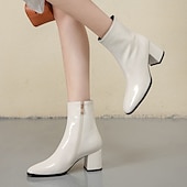 abordables Botines-Botines de charol blanco para mujer: diseño elegante con cremallera lateral y tacones de bloque, perfectos para una noche elegante o atuendos casuales y elegantes