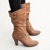 olcso Slouch Boots-lábszárközépig érő női csizma csatos pántokkal és tömbsarokkal, stílusos alkalmi lábbeli őszi és téli ruhákhoz